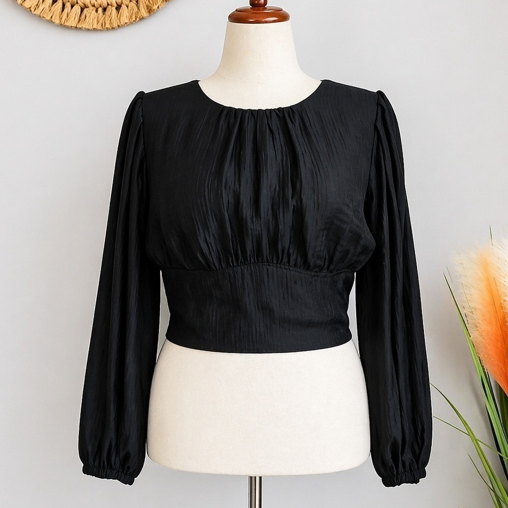 Anthropologie NWT Current Air Black Sequin Back Blouson Sleeve Top SZ Large Glam - Picture 2 of 13